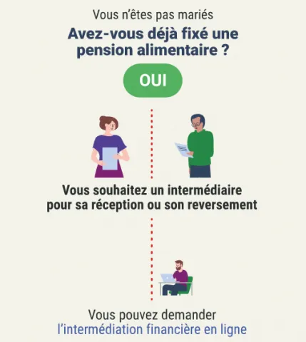 Une pension alimentaire est déjà fixée, et vous souhaitez un intermédiaire pour sa réception ou son reversement, vous pouvez demander l'intermédiation financière en ligne.